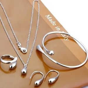 925 Sterling Silver Waterdrop Jewelry Set Bracelet Necklace Earrings Ring